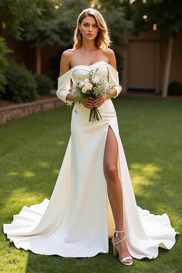 Mermaid Court Train Simple Stretch Satin Ivory Wedding Dress with Slit